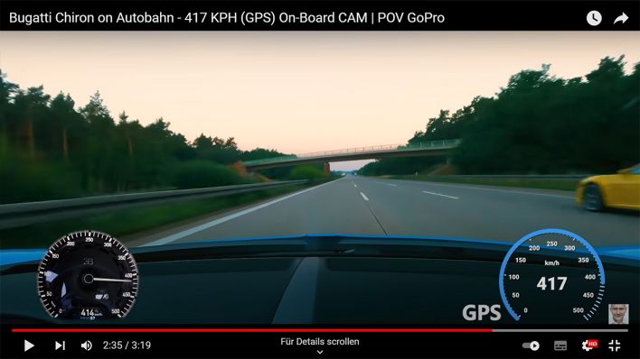 Screenshot: Der tschechische Multimillionär Radim Passer hat mit seinem Bugatti Chiron vermutlich einen neuen Temporekord auf einer öffentlichen Strecke aufgestellt. (Quelle: Quelle: Radim Passer/Youtube)