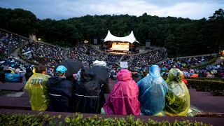Archivbild: Besucher verfolgen be Regen mit das Konzert der Berliner Philharmoniker in der Waldbühne. (Quelle: dpa/F. Sommer)