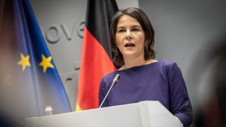 Annalena Baerbock (Bündnis90/Die Grünen), Außenministerin, spricht bei einer Pressekonferenz. (Quelle: dpa/Michael Kappeler)