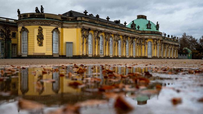 Archiv: Schloss Sanssouci spiegelt sich nach dem Regen in einer mit Blättern bedeckten Pfütze. (Quelle: Monika Skolimowska/dpa)