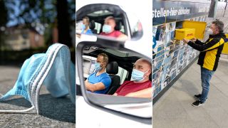 Collage: Eine benutzte Mund- und Nasenschutz-Maske / Ein Fahrlehrer sitzt in seinem Fahrschulwagen neben seinem Schüler / Ein Mitarbeiter der Post an einer Packstation (Quelle: dpa/Torsten Sukrow/Felix Kästle/Sebastian Willnow)