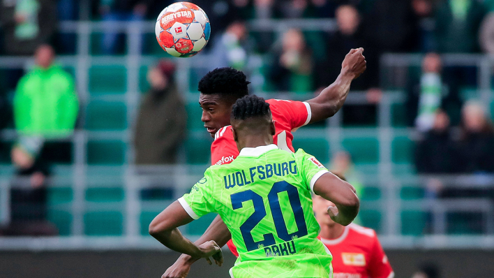 Taiwo Awoniyi im Auswärtsspiel des 1. FC Union in Wolfsburg. / / imago images/Jan Huebner