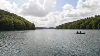 Personen sind mit einem Ruderboot auf dem See Schmaler Luzin im Naturpark Feldberger Seenlandschaft unterwegs. (Quelle: dpa/Kira Hofmann)