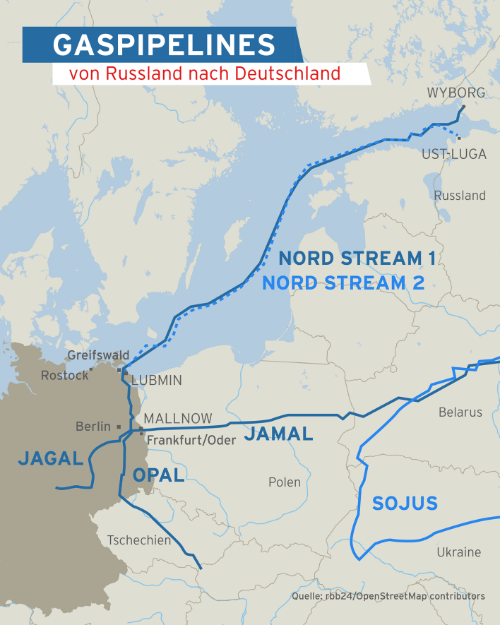 Karte: Gaspipelines von Russland nach Deutschland: Die Erdgasleitungen Nord Stream 1, Nord Stream 2, Jamal, Jagal, Opal, Sojus. (Quelle: rbb/© OpenStreetMap contributors)