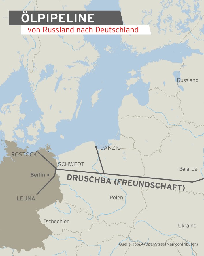Karte: Die Ölpipeline Druschba (Freundschaft) von Russland nach Schwedt/Rostock/Leuna. (Quelle: rbb/© OpenStreetMap contributors)