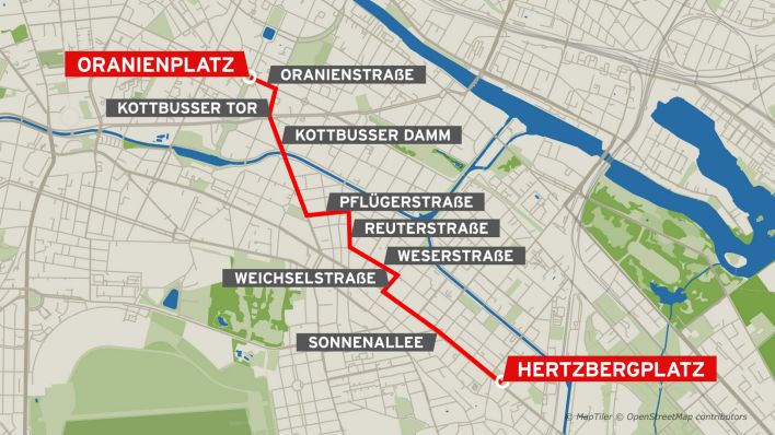 Grafik: Route der "Revolutionäre 1. Mai Demonstration" durch Berlin Kreuzberg. (Quelle: rbb)