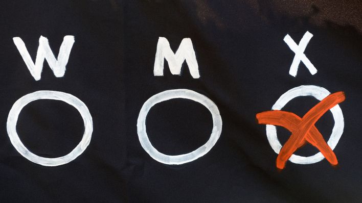 Drei Möglichkeiten für einen Geschlechtseintrag - "W", "M" und "X" - sind auf einem Banner der Initiative «dritte Option» zu sehen. (Quelle: dpa/Peter Steffen)