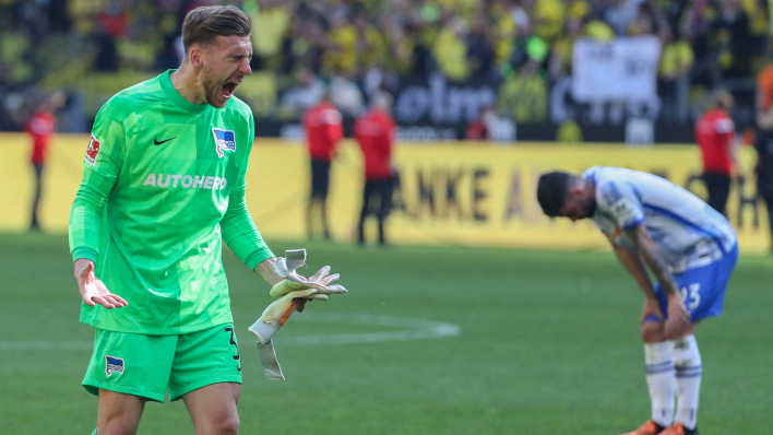 Hertha-Torwart Lotka schreit nach der Niederlage in Dortmund. Quelle: imago images/osnapix
