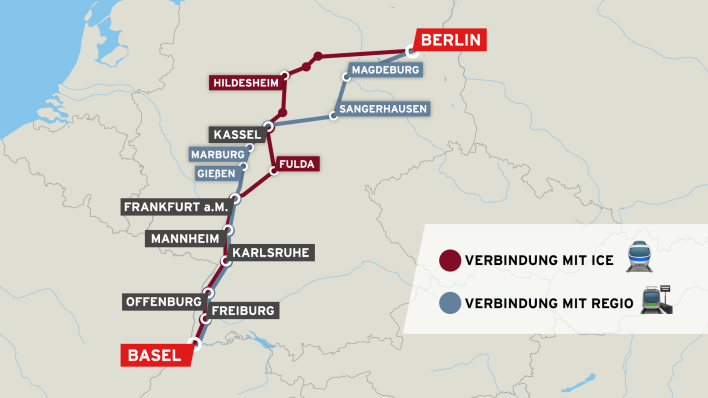 Karte mit Zugverbindung zwischen Berlin und Basel, aufgeteilt nach ICE und Regionalzug. (Kartenmaterial: OpenStreetMap contributors, Quelle: Deutsche Bahn)