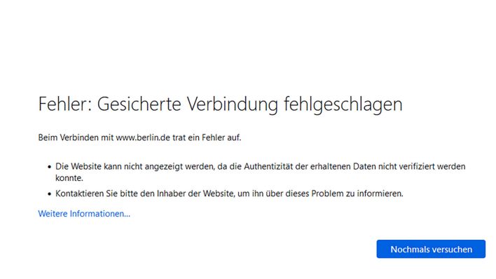 Screenshot: Die Seiten von berlin.de sind derzeit nicht erreichbar. (Quelle: berlin.de)