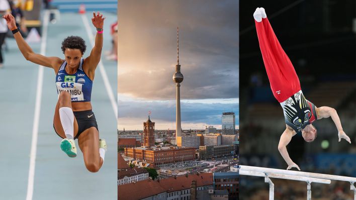 Collage:Weitsprung der Frauen, Malaika Mihambo; Panoramaaufnahme Fernsehturm in Berlin Mitte; Lukas Dauser am Barren. (Quelle: imago images foto2press/camera4+/Schreyer)