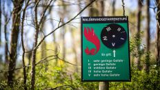 Schild mit Waldbrandgefahrenstufen im Brandenburger Wald (Bild: imago images / Manngold)