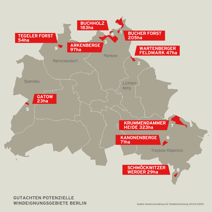 Gutachten Potenzielle Windeignungsgebiete Berlin. (Quelle: rbb24 2022/Senatsverwaltung für Stadtentwicklung 2005)