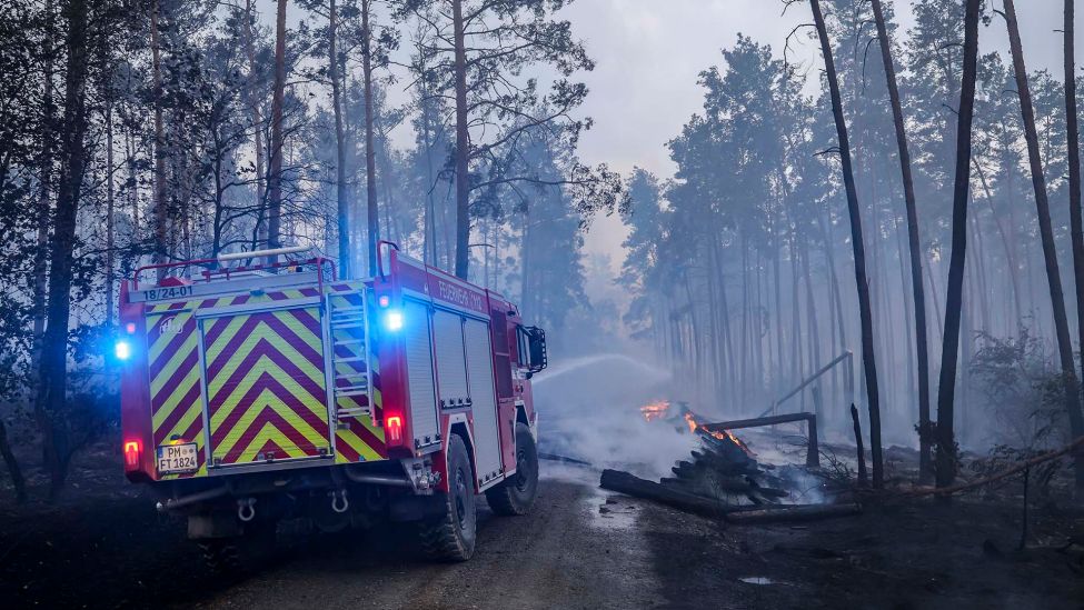 Feuerwehrleute löschen einen Waldbrand. (Quelle: dpa/Jan Woitas)