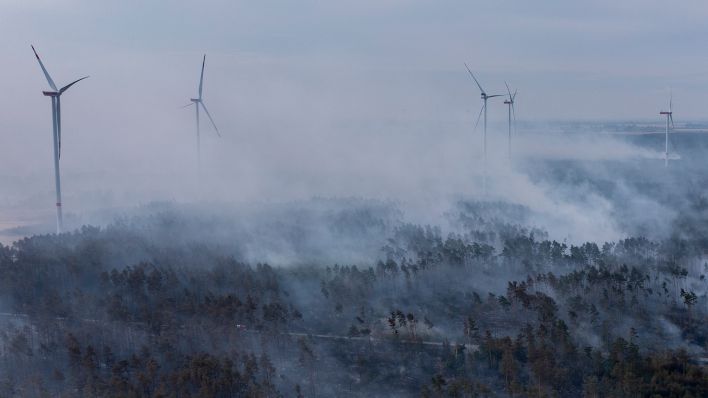 Rauchschwaden ziehen bei einem Waldbrand zwischen Windkraftanlagen am frühen Morgen des 26.07.2022 über ein Waldgebiet bei Kösla in Brandenburg. (Quelle: dpa/Jan Woitas)