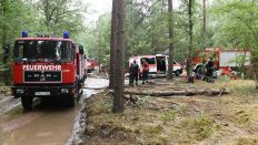 Feuerwehrfahrzeuge stehen im Wald. (Quelle: dpa/Julian Stähle)