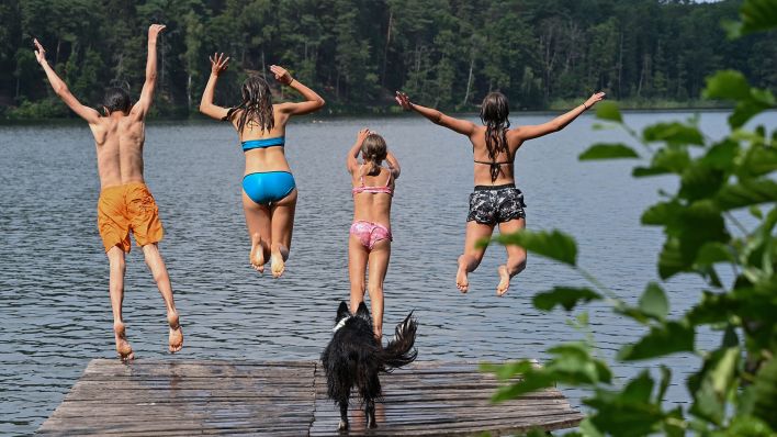Vier Kinder springen von einem Steg ins Wasser. (Quelle: dpa/Patrick Pleul)
