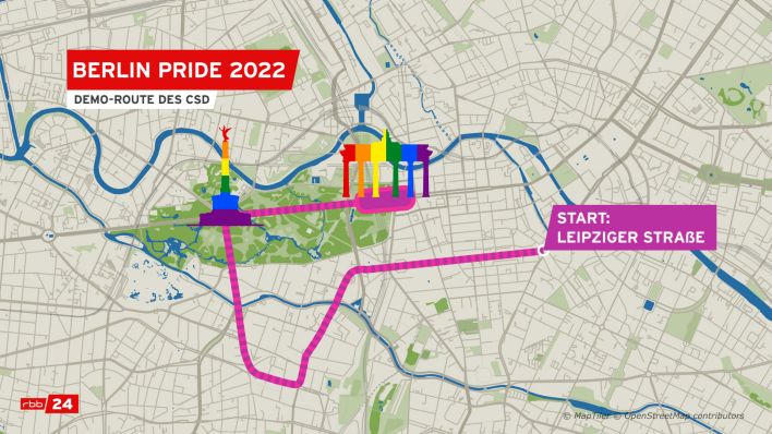 Grafik/Karte: Route der Berlin Pride Parade 2022. (Quelle: rbb)