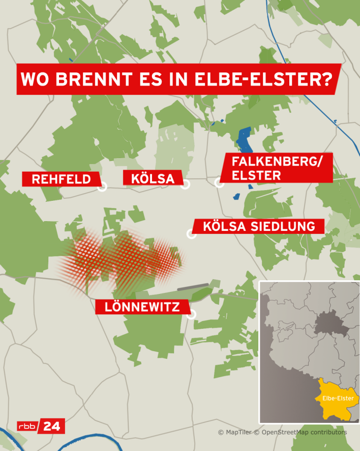 Karte: Ausbreitung des Waldbrandes in Elbe-Elster, Stand 26.07.2022 17 Uhr. (Quelle: rbb/OpenStreetMap)