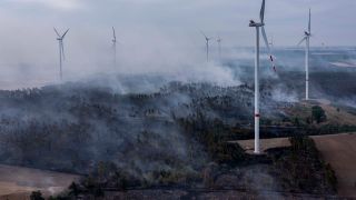 Rauchschwaden ziehen bei einem Waldbrand zwischen Windkraftanlagen am frühen Morgen über ein Waldgebiet. (Quelle: dpa/Jan Woitas)