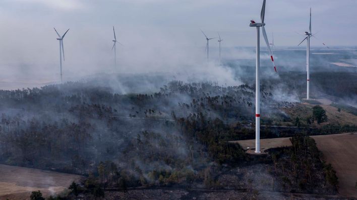 Rauchschwaden ziehen bei einem Waldbrand zwischen Windkraftanlagen am frühen Morgen über ein Waldgebiet. (Quelle: dpa/Jan Woitas)
