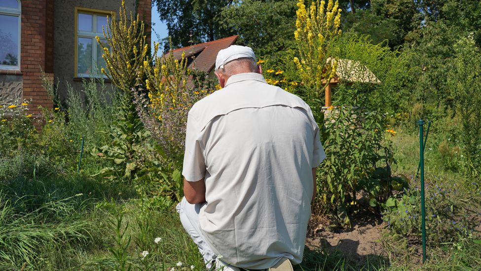 Der Brandenburger Imker Holger Ackermann kniet in seinem Garten in Groß Schauen (Oder-Spree) vor seinem Blumenbeet, 20.07.2022 (Quelle: rbb/ Speck).