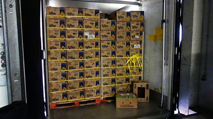 Die sichergestellten Drogen in gestapelten Bananenkisten.(dpa/Polizeipräsidium Brandenburg)