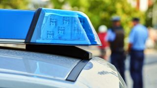 Blaulicht eines stehenden Polizeifahrzeuges mit Polizisten im Hintergrund.(Quelle:dpa/A.Riedl)