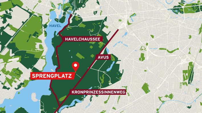 Karte mit eingezeichnetem Sprengplatz zu dem Waldbrand im Grunewald. (Quelle:rbb)