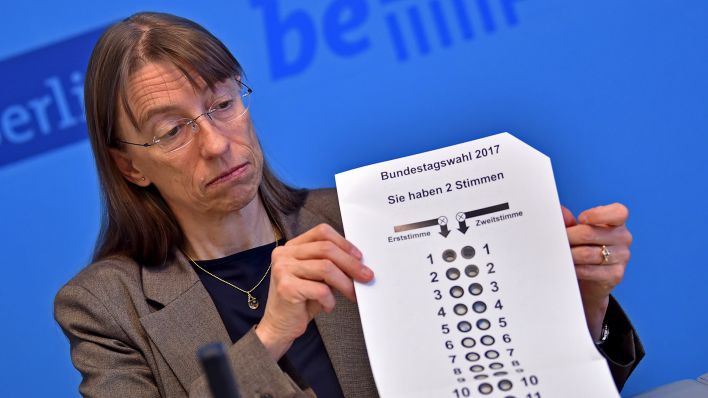 Die Vertreterin der Berliner Landeswahlleiterin, Ulrike Rockmann, zeigt einen Stimmzettel für Sehbehinderte für die Bundestagswahl(Archivbild).(Quelle:dpa/B.Pedersen)