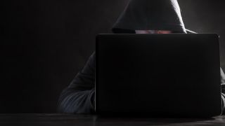 Symbolbild: Eine Person am Laptop mit Kaputze vor einem dunklen Hintergrund (Quelle: dpa/Roman Milert)