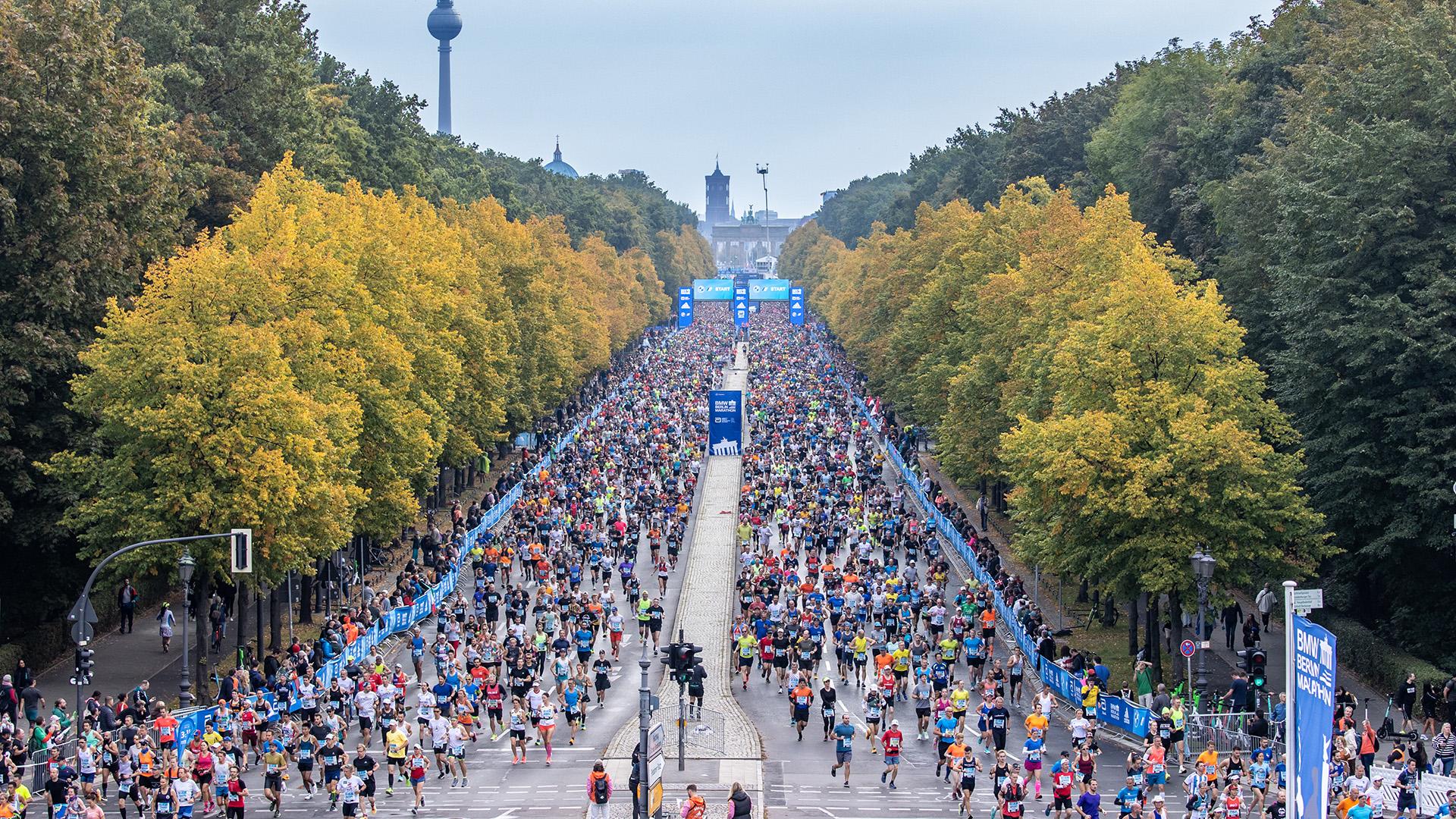 Die Läufer der ersten Welle starten auf der Straße des 17. Juni zum BMW Berlin Marathon. (Quelle: dpa/A. Gora)