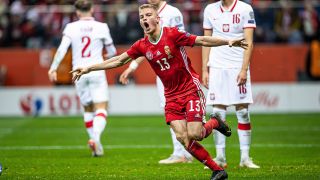 Andras Schäfer jubelt im Trikot der ungarischen Nationalmannschaft. Quelle: imago images/Newspix