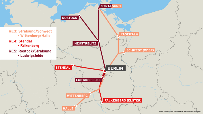 Geplante Regionalstrecken der Deutschen Bahn in Brandenburg, Stand September 2022. (Quelle: rbb/OpenStreetMap contributors/Deutsche Bahn)