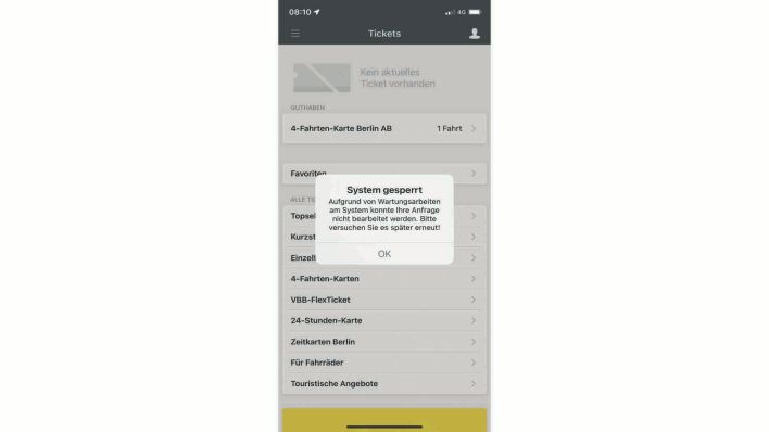Screenshot der Fehlermeldung der BVG App.(Screenshot BVG-App)
