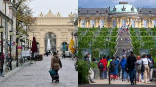 Collage: Fußgänger auf der Einkaufsstraße in Potsdam bei Regen; Zahlreiche Besucher spazieren bei sonnigem Wetter im Park Sanssouci. (Quelle: dpa/S. Stache/M. Skolimowska)