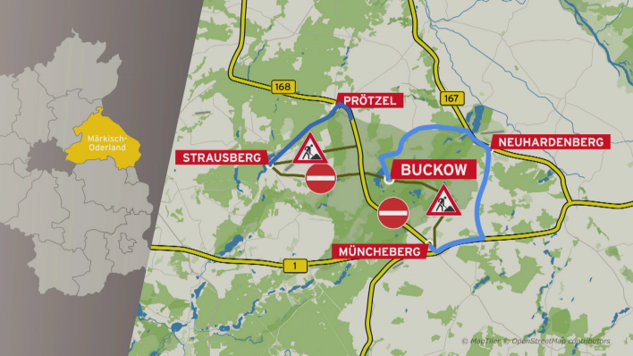 Karte: Insgesamt 25 Min mit dem Rettungswagen von Strausberg nach Buckow. (Quelle: rbb)