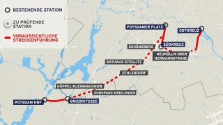 Die geplante Strecke der Stammnbahn zwischen Berlin und Potsdam