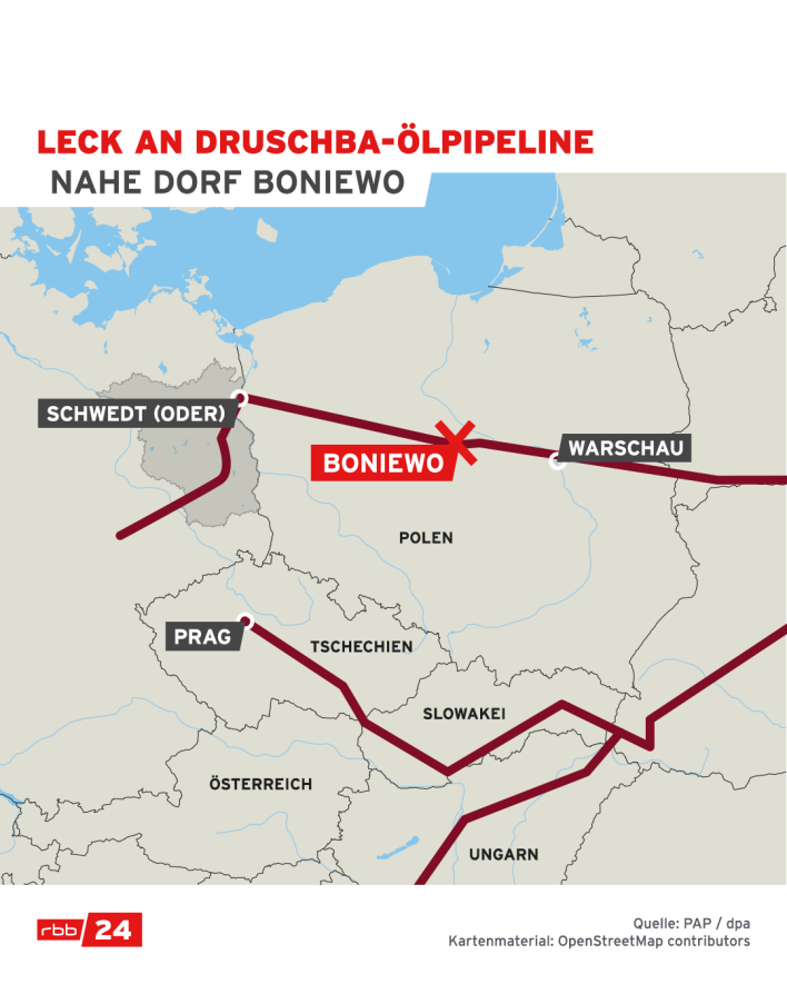 Karte zeigt den Verlauf der Druschba-Pipeline von Belarus nach Schwedt (Oder). Das eingezeichnete Leck liegt nahe dem Ort Boniewo. (Quelle: PAP / dpa; Kartenmaterial: OpenStreetMap contributors)