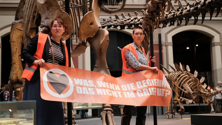 Zwei Aktivist:innen der Gruppe "Letzte Generation" stehen im Naturkundemuseum vor einem Dinosaurier-Skelett (Bild: Letzte Generation)