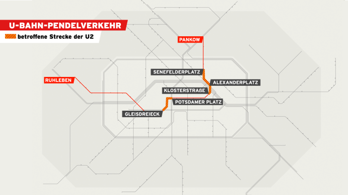 Unterbrechungen der Linie U2 zwischen Senefelderplatz und Klosterstraße sowie zwischen Potsdamer Platz und Gleisdreieck.