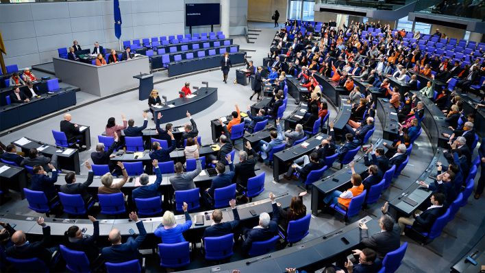 Die Bundestagsabgeordneten stimmen zu Beginn der Plenarsitzung im Deutschen Bundestag mit großer Mehrheit darüber ab, die Abstimmung über das Bürgergeld auf die Tagesordnung zu nehmen. (Quelle: dpa/Bernd von Jutrczenka)