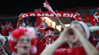 Dänische Fans bei einem Spiel der Fußball-WM in Katar (dpa/Robert Michael)