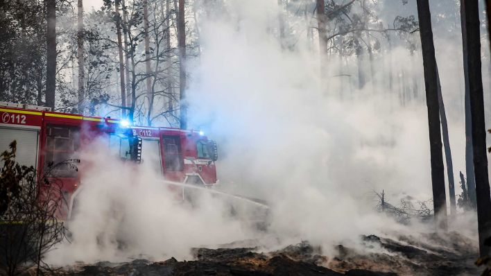 Archiv: Feuerwehrleute löschen einen Waldbrand. Die Feuerwehr in Brandenburg kämpft weiter gegen einen großen Waldbrand im Landkreis Elbe-Elster. (Foto: Jan Woitas/dpa)