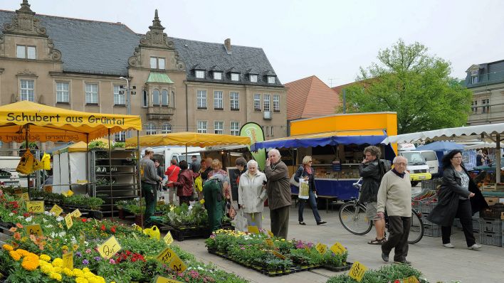 Symbolbild: Blumen werden in Eberswalde (Brandenburg) auf dem Marktplatz zum Verkauf angeboten. (Quelle: dpa/B. Settnik)