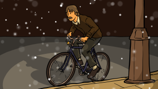 Adventskalender: Kaufhauserpresser Dagobert fährt auf einem Fahrrad durch den Schnee (Quelle: Marcus Behrendt)