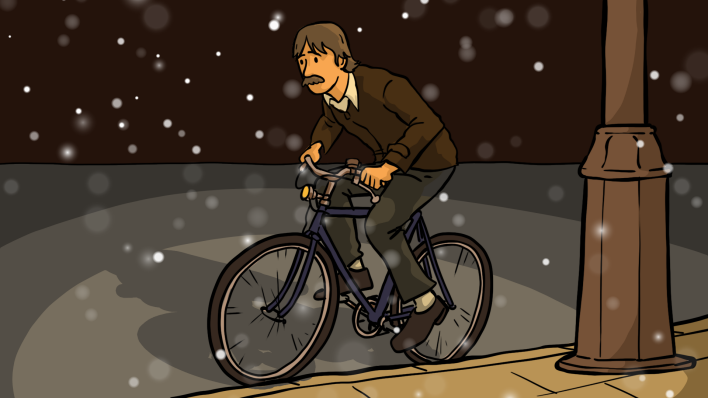 Adventskalender: Kaufhauserpresser Dagobert fährt auf einem Fahrrad durch den Schnee (Quelle: Marcus Behrendt)