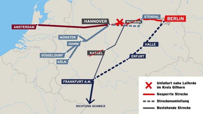 Karte zu dem Unfall auf der Zugstrecke zwischen Berlin und Hannover.(Quelle:rbb24)