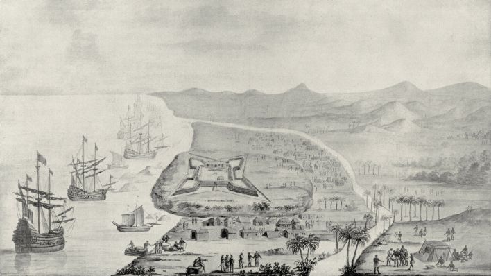 Das Fort Groß Friedrichsburg an der Küste des Golfs von Guinea auf einer Zeichnung von 1688 (Quelle: AKG-Images)