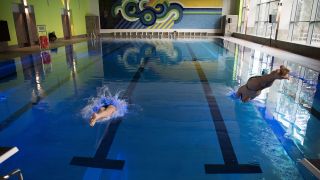 Archivbild: Zwei Schwimmer springen in das Becken der sanierten Schwimmhalle Buch. (Quelle: dpa/J. Carstensen)